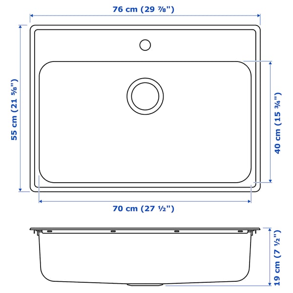 BOHOLMEN Inset sink, 1 bowl, stainless steel, 76x55 cm