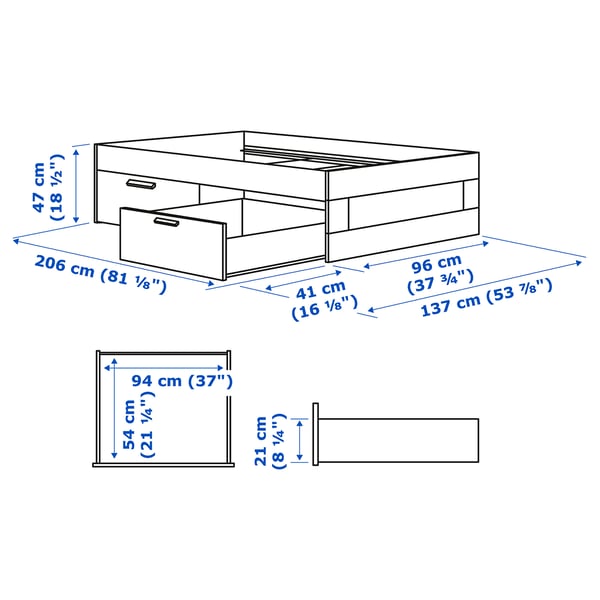 BRIMNES Bed frame with storage, white/Lillhällan, 90x200 cm