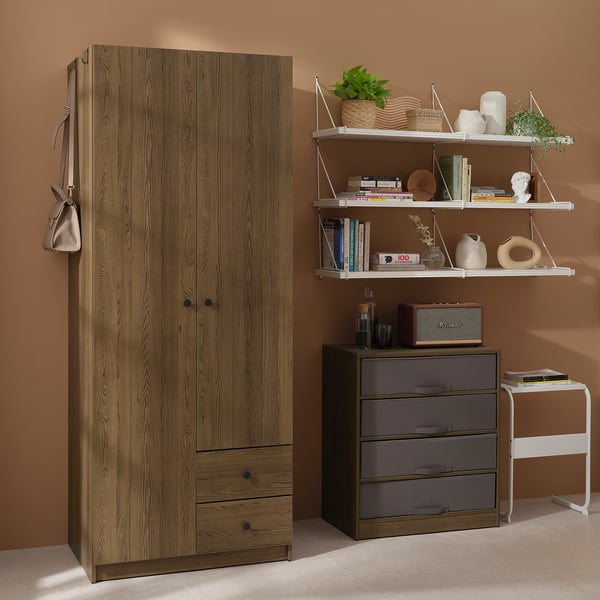 BRUKSVARA Wardrobe with 2 doors and 2 drawers, brown, 79x57x201 cm