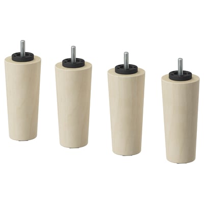 Four light brown cylindrical wooden legs with metal screws and black rings for furniture.