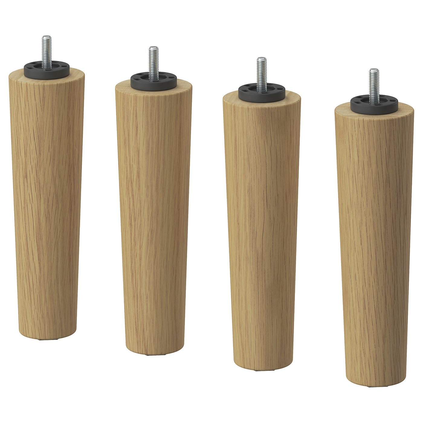Four BRYNILEN wooden furniture legs in natural colour, cylindrical shape, with threaded tops and black rubber inserts.