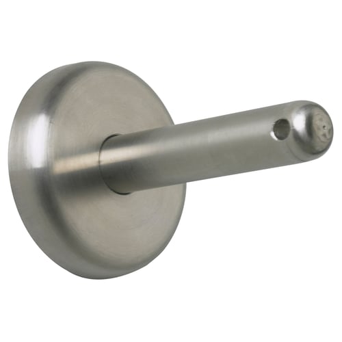 A stainless steel DIGNITET wall or ceiling wire fitting. Its round with a cylindrical extension, designed for flexible use and suitable for bathrooms.
