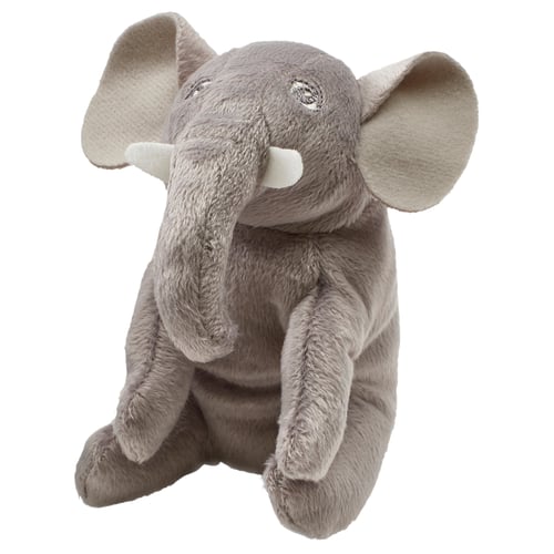 Cuddly grey stuffed elephant toy, sitting, from DJUNGELSKOG, made with recycled polyester.