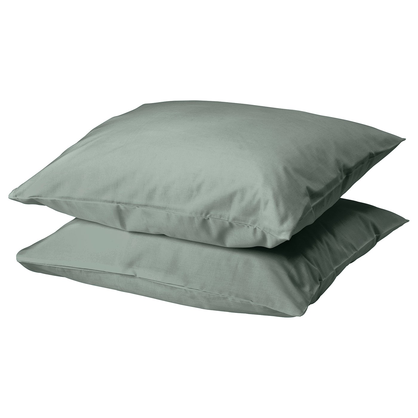 Two square, green-gray DVALA pillows stacked neatly, showcasing their smooth fabric and simple design.