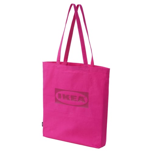Bright pink ikea tote bag, rectangular shape with two handles, made of cotton.