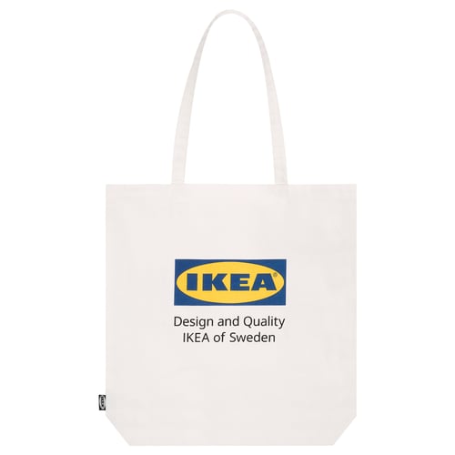 White ikea tote with blue logo and design & quality text.