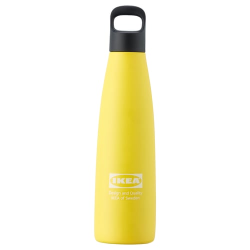 IKEAs bright yellow EFTERTRÄDA stainless steel vacuum bottle with black lid, slim design, leakproof, durable, eco-friendly.