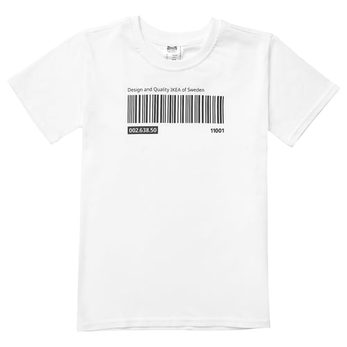 Ikea EFTERTRÄDA white t-shirt with black barcode print, 100% cotton.