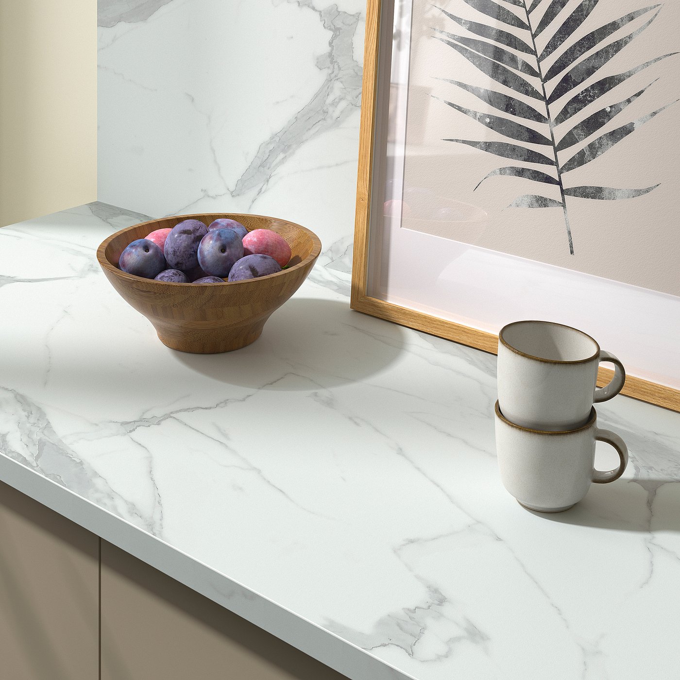 EKBACKEN worktop, white marble effect/laminate, 126x65x2.8