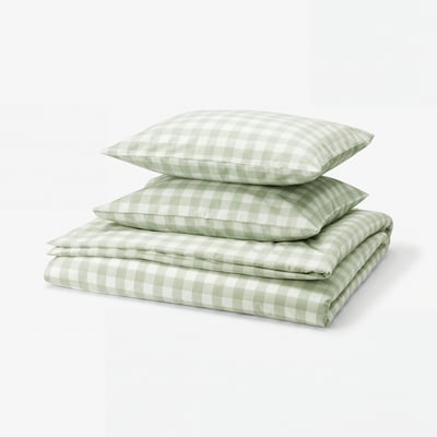 EKTANDVINGE Duvet cover and 2 pillowcases, pale grey-green white/check, 200x200/50x60 cm