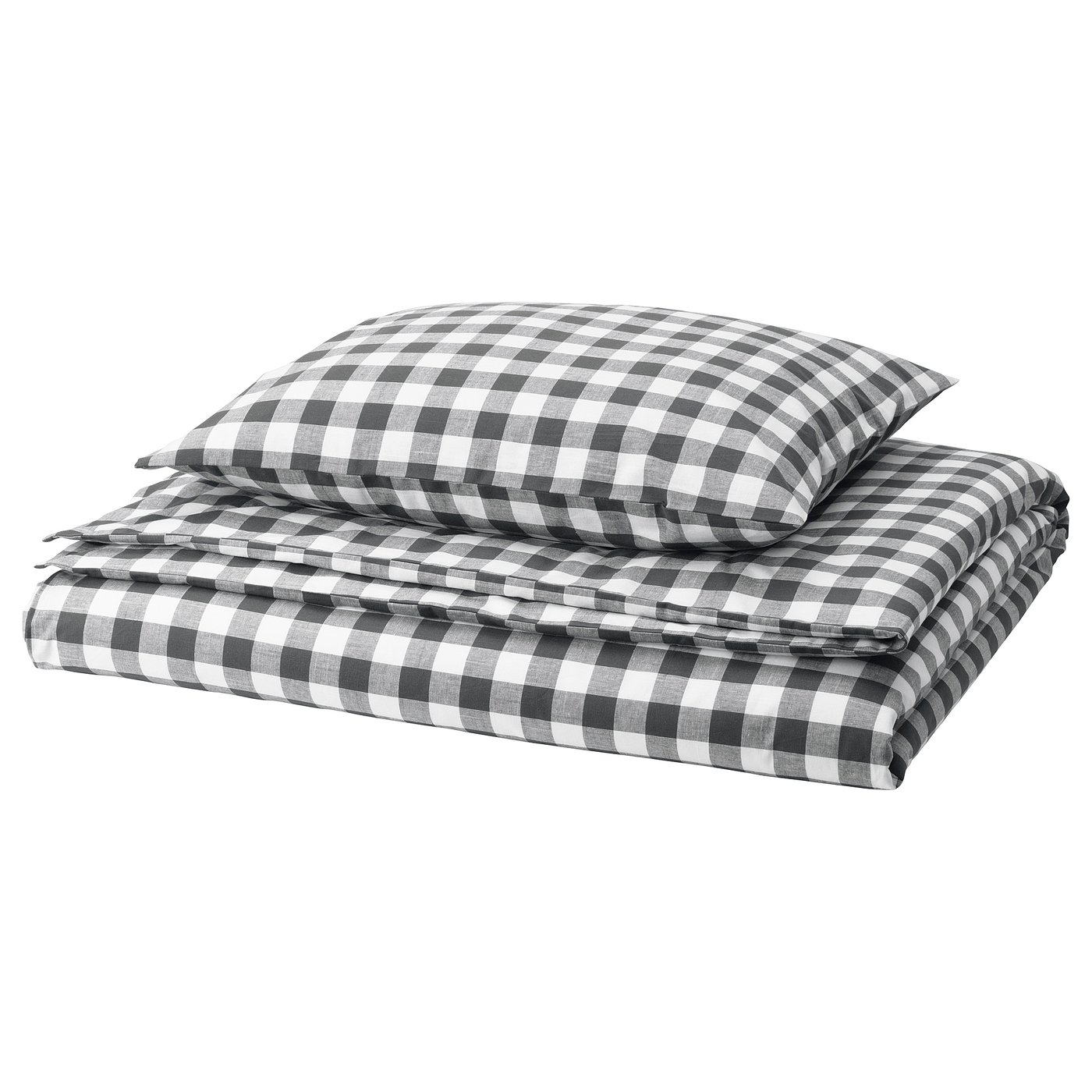 Folded black & white chequered gingham bedding set, featuring duvet and pillowcases, crafted from 100% organic cotton.