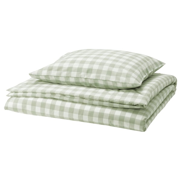 EKTANDVINGE Duvet cover and pillowcase, pale grey-green white/check, 150x200/50x60 cm