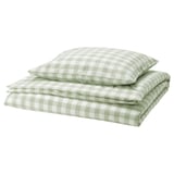 EKTANDVINGE Duvet cover and pillowcase, pale grey-green white/check, 150x200/50x60 cm