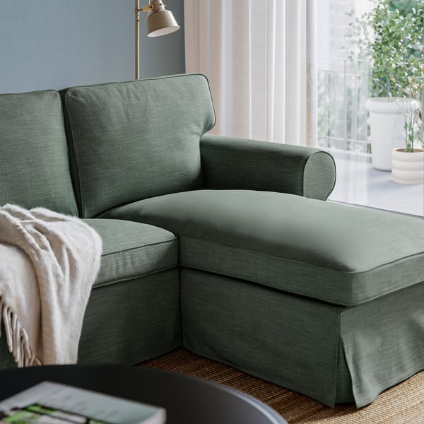 EKTORP 3-seat sofa with chaise longue, Hemmesta grey-green