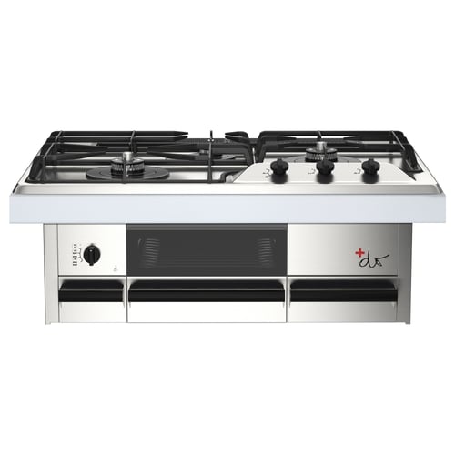 A stainless steel gas cooktop with four burners, knobs, and a digital display.