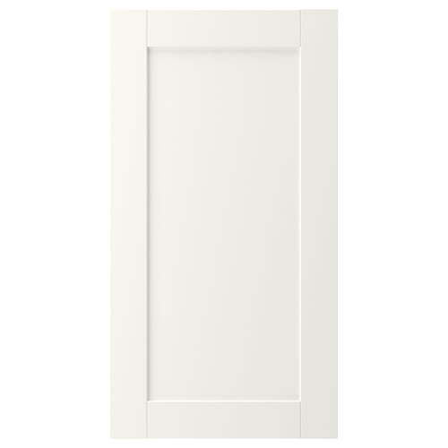 A white, rectangular cabinet door with a simple, modern design and a smooth surface.