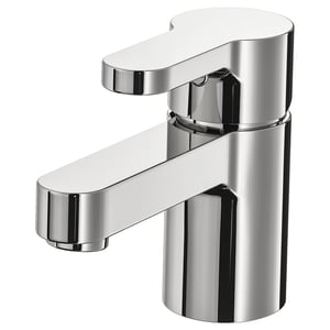 A chrome-plated ensén bathroom tap, sleek and modern, with a lever handle and a polished finish.