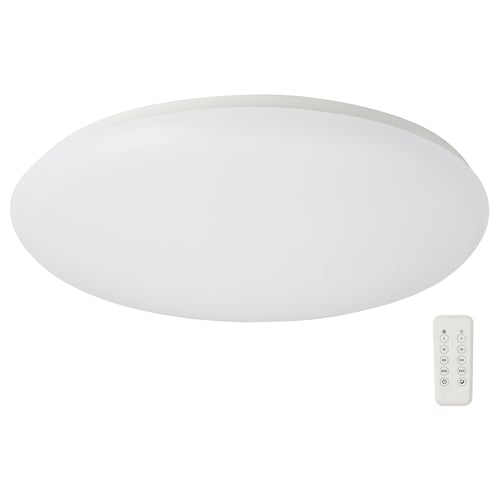 Oval ceiling light with remote, white, acrylic plastic, flat design.
