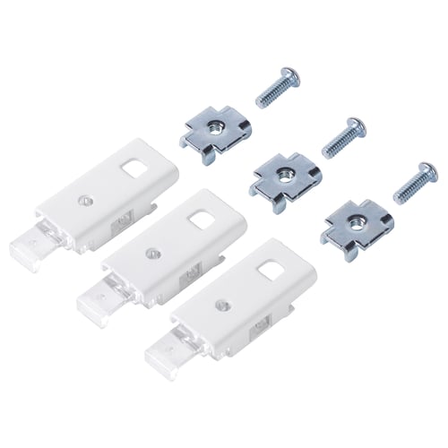 FABJERG, a white curtain rail connector kit with metal brackets, screws, and plastic pieces for attaching blinds to curtains.