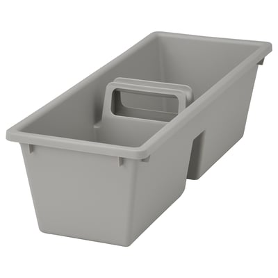 A grey FÅNGGRÖDA drawer organiser with two compartments and a handle made of polypropylene plastic.
