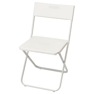 A white foldable chair named FEJAN. Its minimalist design a powder-coated steel frame, plastic seat and back, ideal for small spaces.