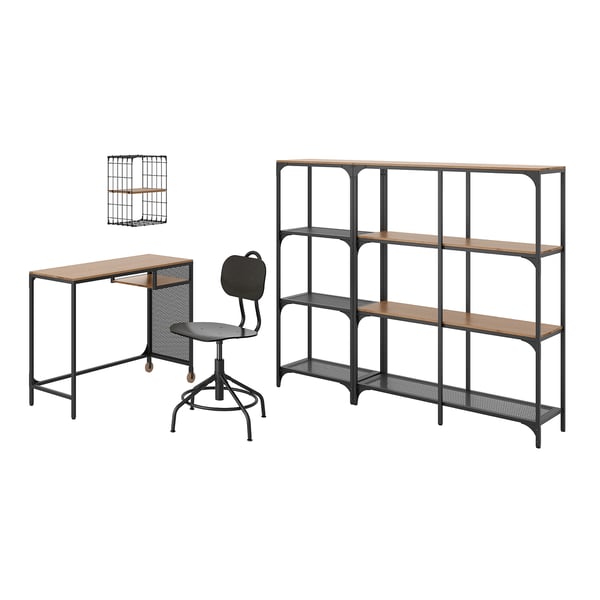 FJÄLLBO/KULLABERG / GULLHULT Desk and storage combination, and swivel chair black/pine