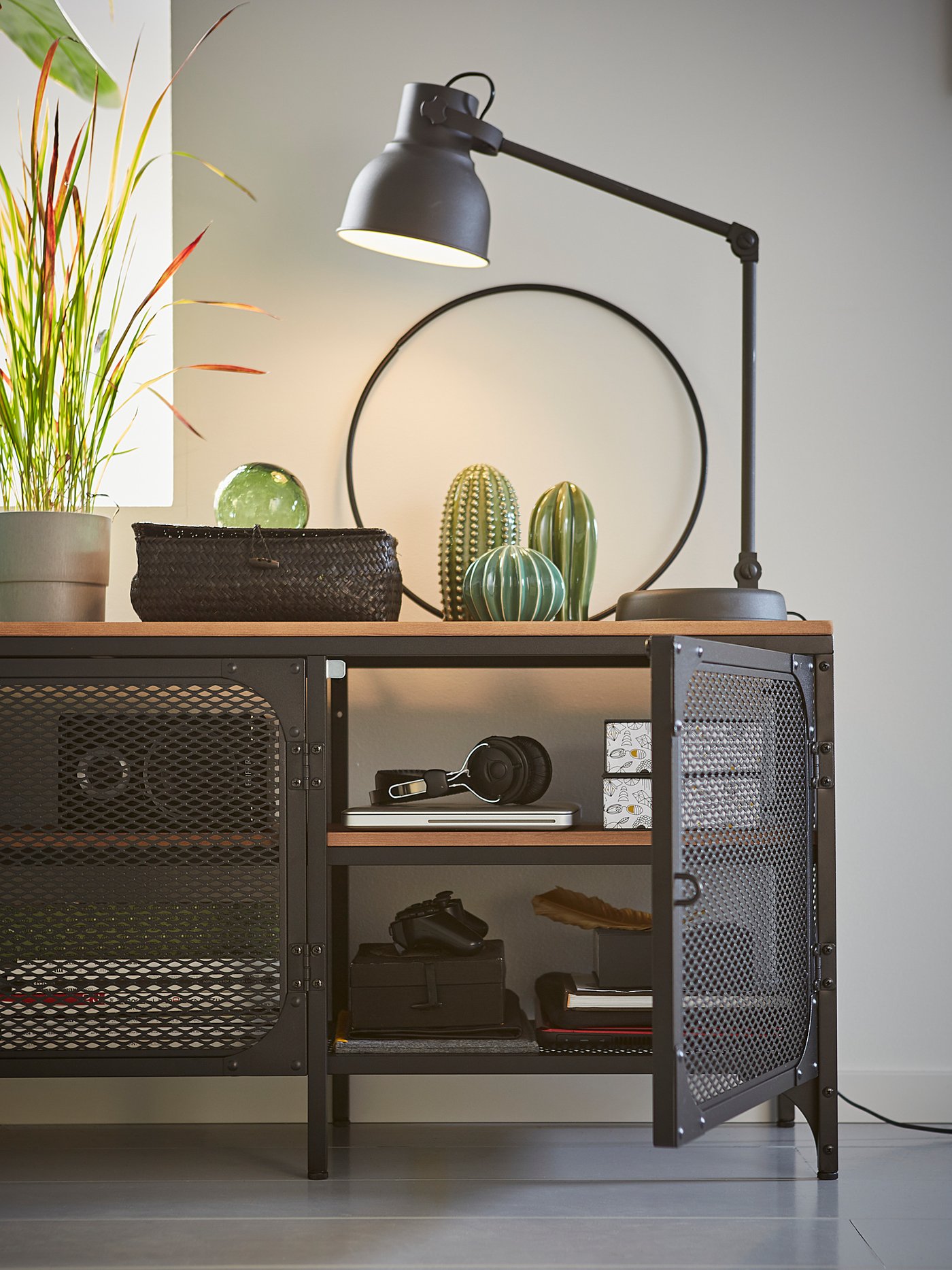 FJÄLLBO TV storage combination, black, 250x36x95 cm - IKEA