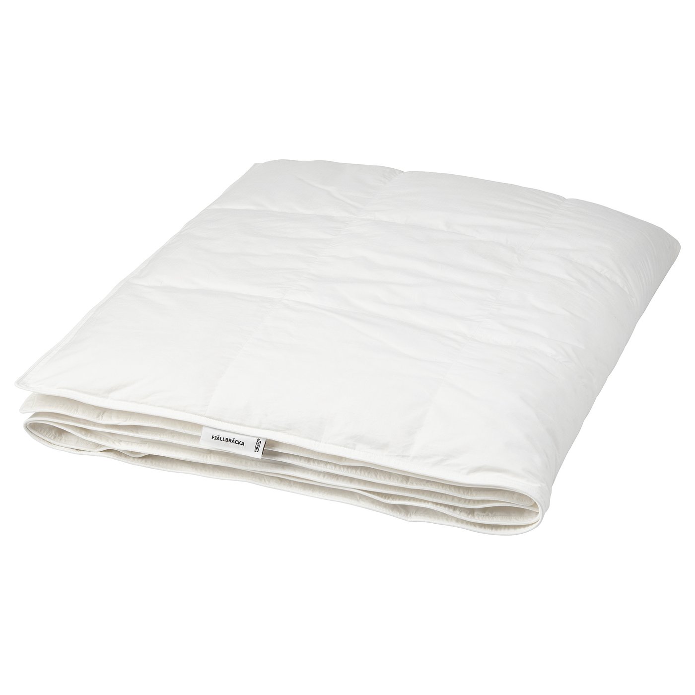 Image shows a white FJÄLLBRÄCKA duvet with cotton fabric and recycled down/feather filling, folded neatly.