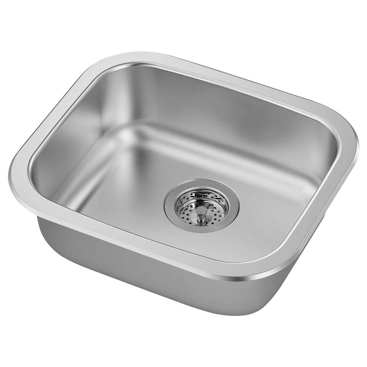 Stainless steel sink, single bowl. Modern design, sleek silver finish. Includes drainer.