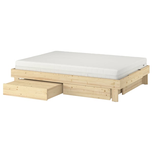 GLAMBERGET Bed frame with storage and mattress, pine/Åkrehamn firm, 120x200 cm