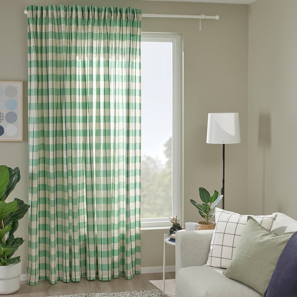 GLANSHAGTORN Curtain, 1 piece, green white/black/with heading tape, 300x250 cm