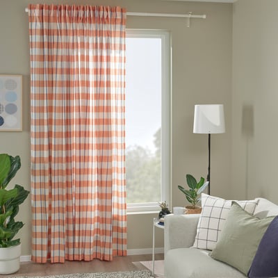 GLANSHAGTORN Curtain, 1 piece, orange white/blue/with heading tape, 300x250 cm