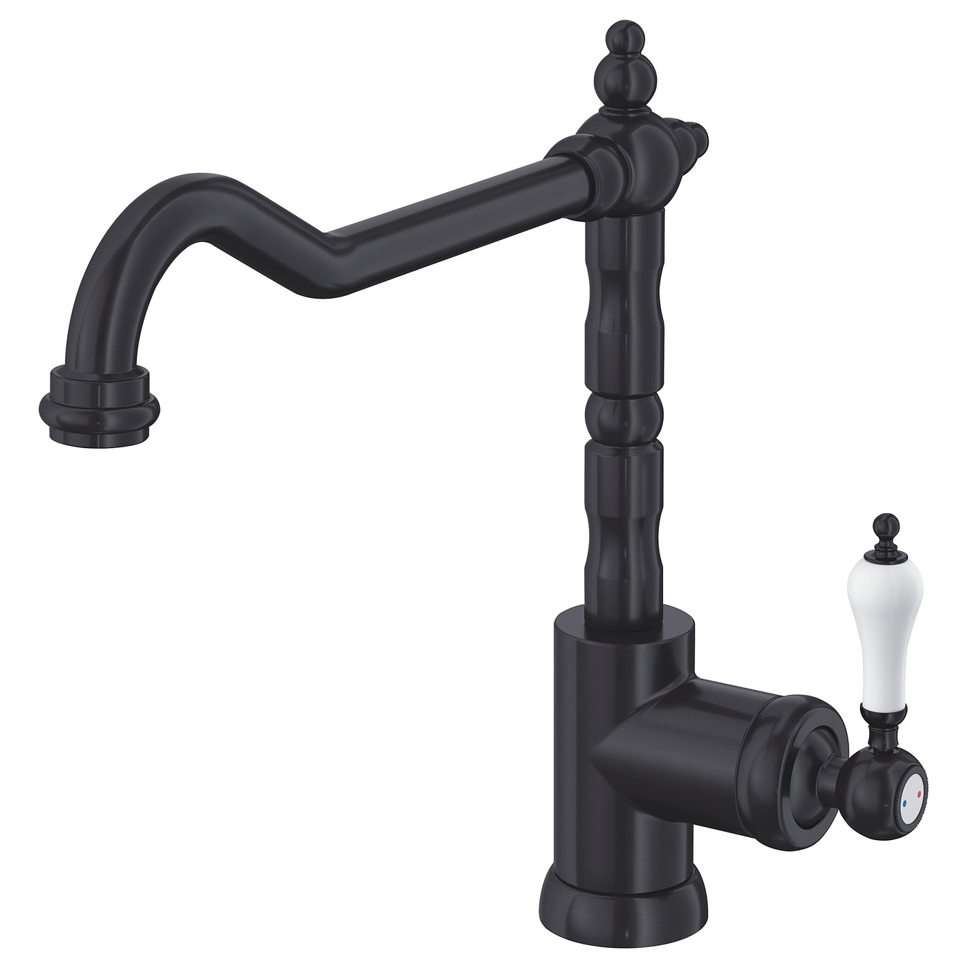 Black GLITTRAN tap. Traditional design, curved spout, white handle.