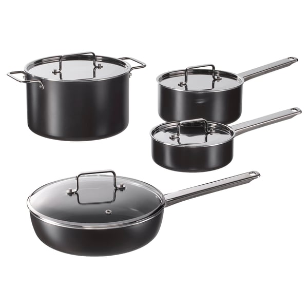 GULDÖRING 8-piece cookware set, non-stick coating stainless steel/black-grey