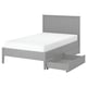 Displays a light grey GULLABERG bed with wooden slats and a large storage drawer on casters.