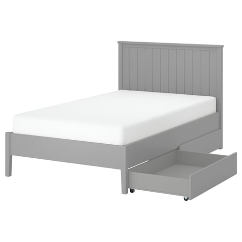GULLABERG bed, grey, wooden, rectangular, simple, with pull-out drawers.
