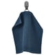 Dark blue towel hanging on hook, made of waffle textured cotton.