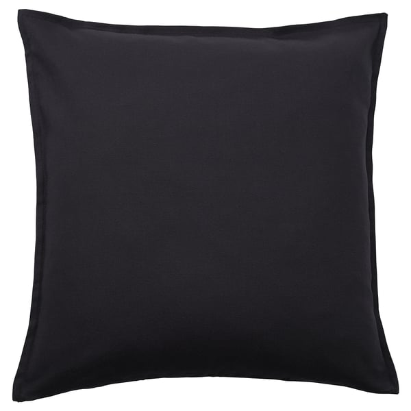 Black square pillow with zip closure, made of 100% cotton, simple and elegant design.