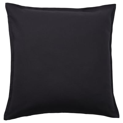 Black square pillow with zip closure, made of 100% cotton, simple and elegant design.
