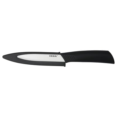 Ikea HACKIG knife: sleek black handle, sharp ceramic blade, and safe pp cover.