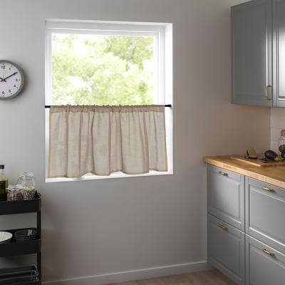 Beige sheer curtains, recycled polyester, kitchen window, light filtering, privacy.