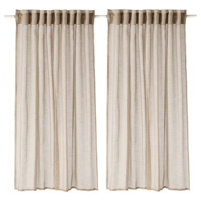 Two light beige sheer curtains hang side by side, featuring a simple, elegant design with heading tape for easy pleated display.
