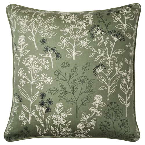 HALLONBUSKE Cushion cover, green/floral pattern, 48x48 cm