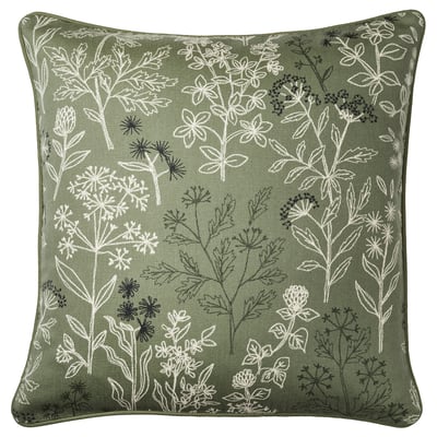 HALLONBUSKE Cushion cover, green/floral pattern, 48x48 cm