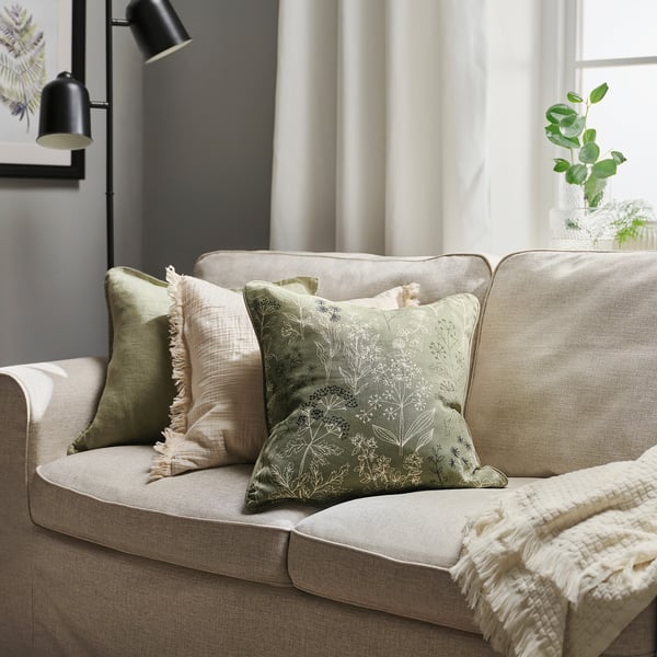 HALLONBUSKE Cushion cover, green/floral pattern, 48x48 cm