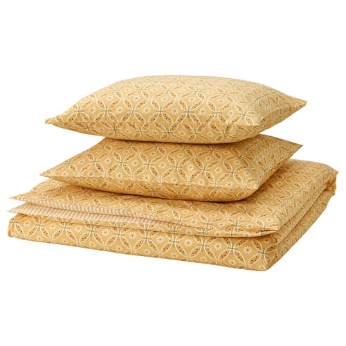 HAMNSENAP duvet set: mustard yellow with floral/geometric pattern, soft cotton-viscose blend.