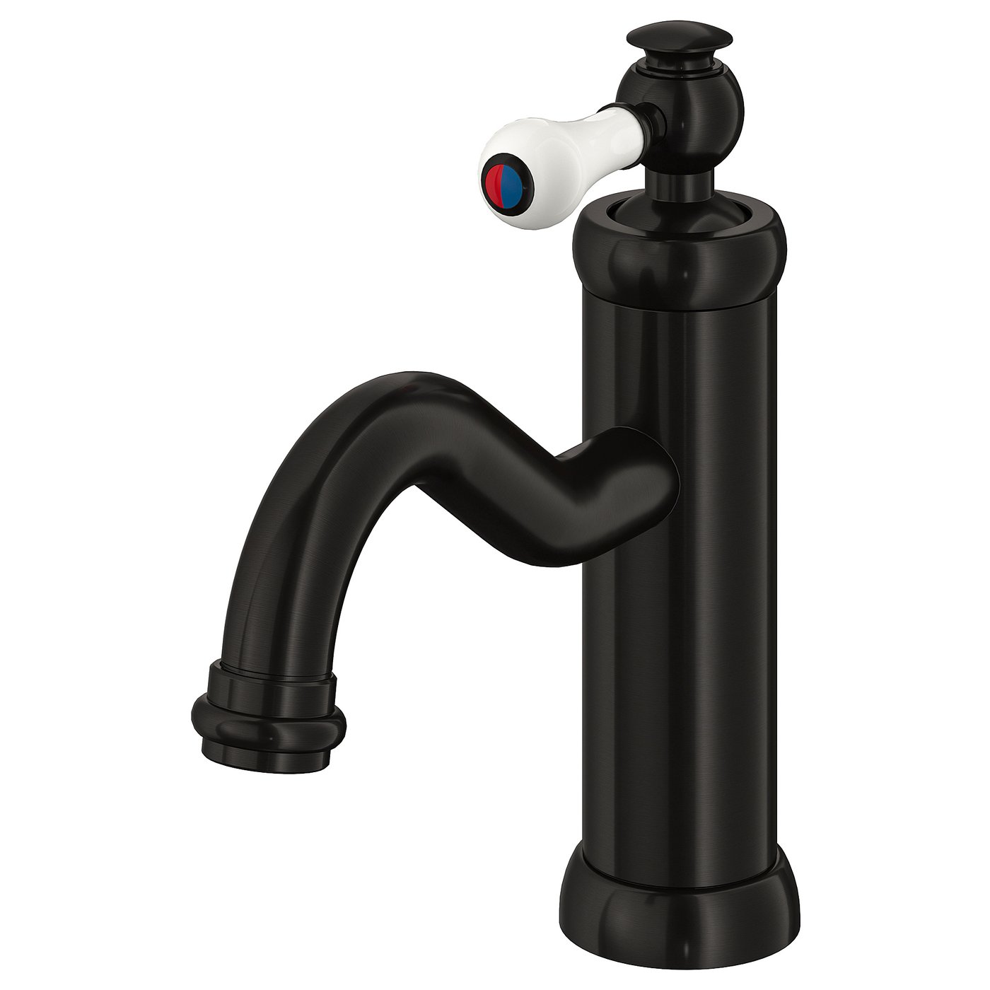 A black HAMNSKÄR tap with a white lever handle. The design is sleek and modern, featuring a curved spout. The body is made of metallized zinc.