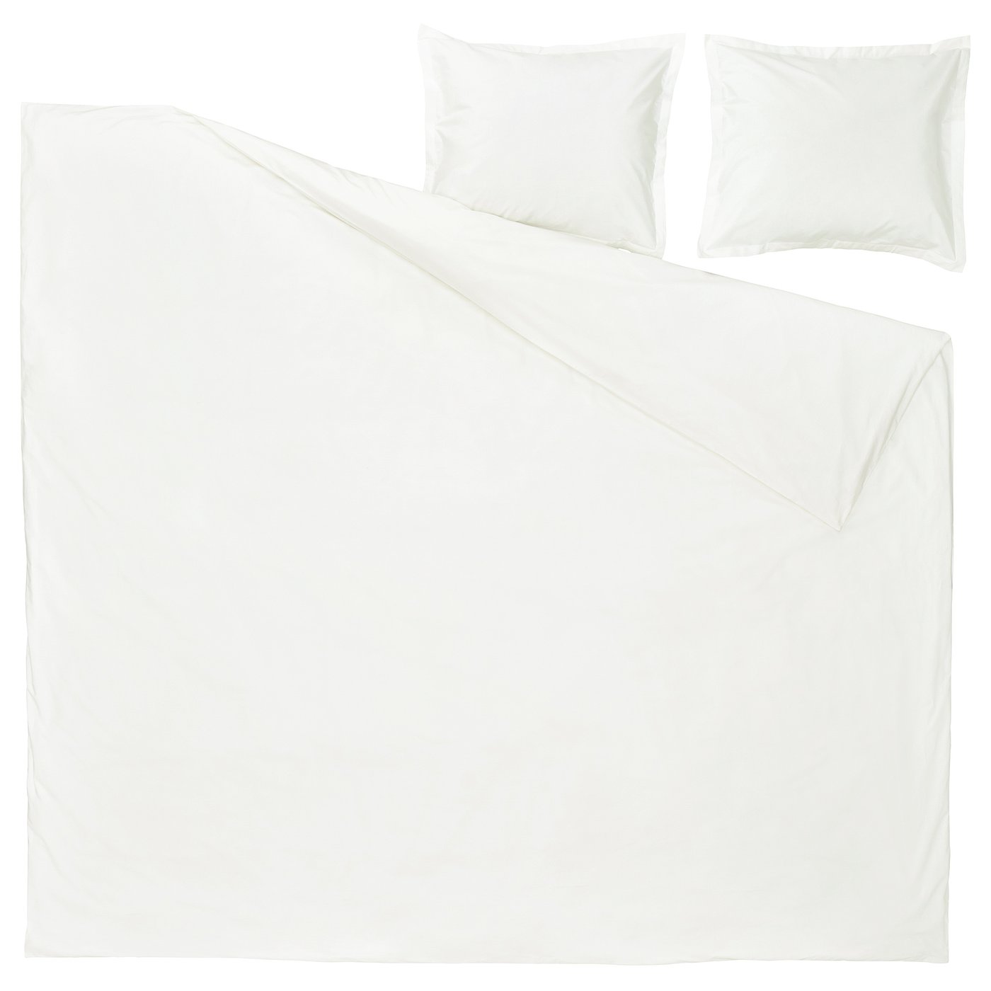 White HAMPFLOCKEL duvet set with percale weave, including flat and pillowcases with edge design, against white background.