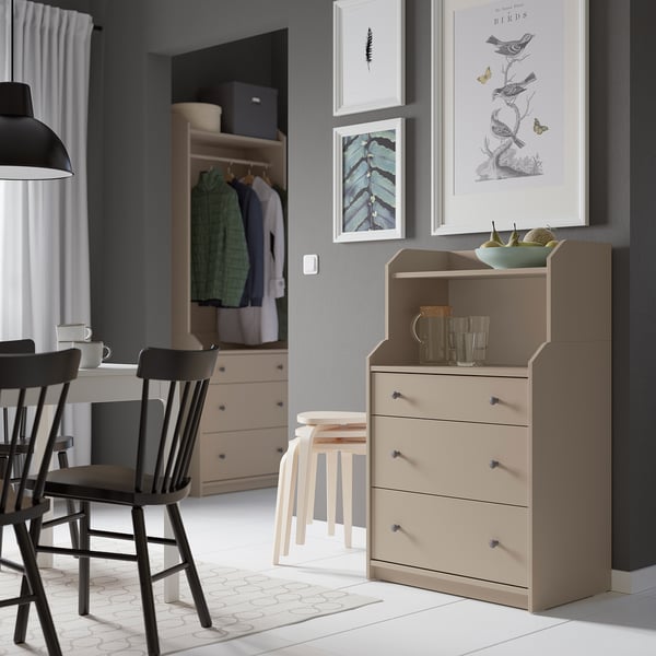 HAUGA Chest of 3 drawers with shelf, beige, 70x46x116 cm