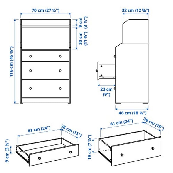 HAUGA Chest of 3 drawers with shelf, beige, 70x46x116 cm